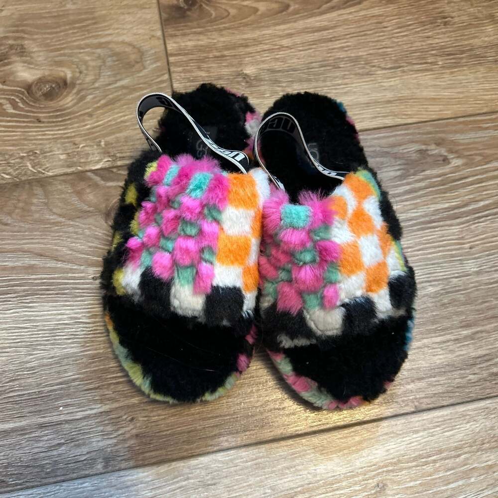 UGG Fluff Yeah Slide Sandals, Multicolor Checkerboard, Size 13